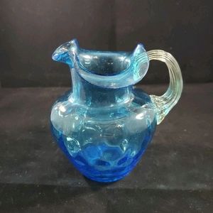 Vintage Fenton Pitcher Hand Blown Blue Coin Dot Reeded Handle
